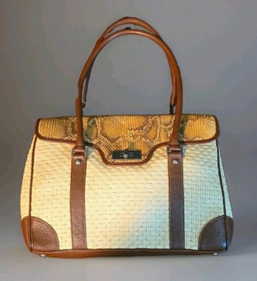 VTG Rafe New York Woven/Snake Skin Leather Satchel Turn Lock Italy Pockets Beige